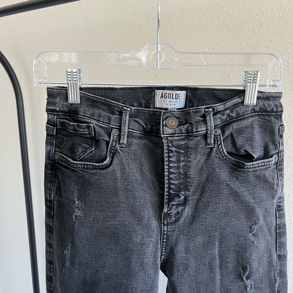 AGOLDE | High Waist 'Feel Good' Distressed Raw Hem Skinny Jeans Black | Size 29 - Picture 3 of 10